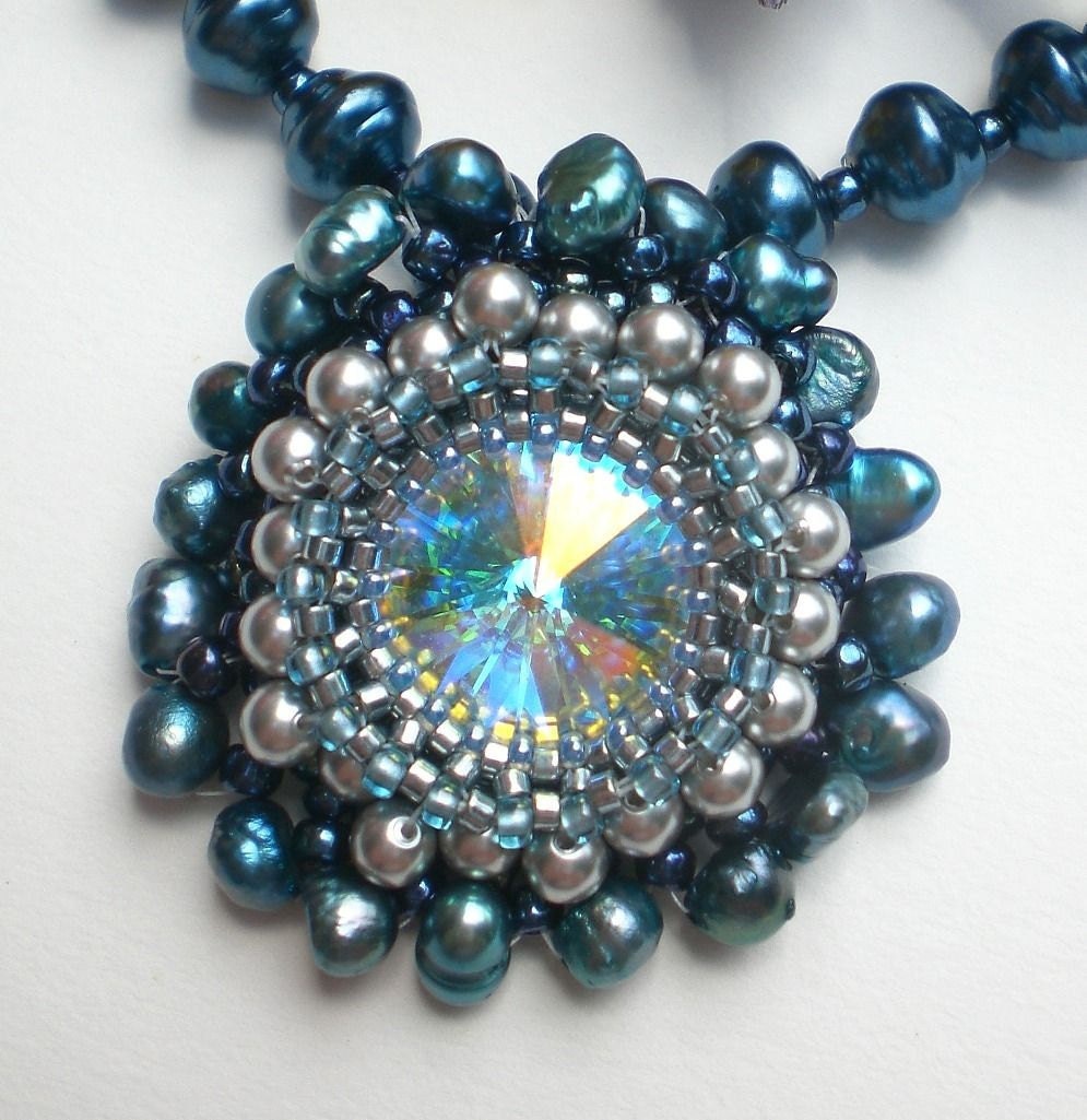 Rivoli and Pearls Beadwoven Blue necklace Unique Jewelry Deep Ocean