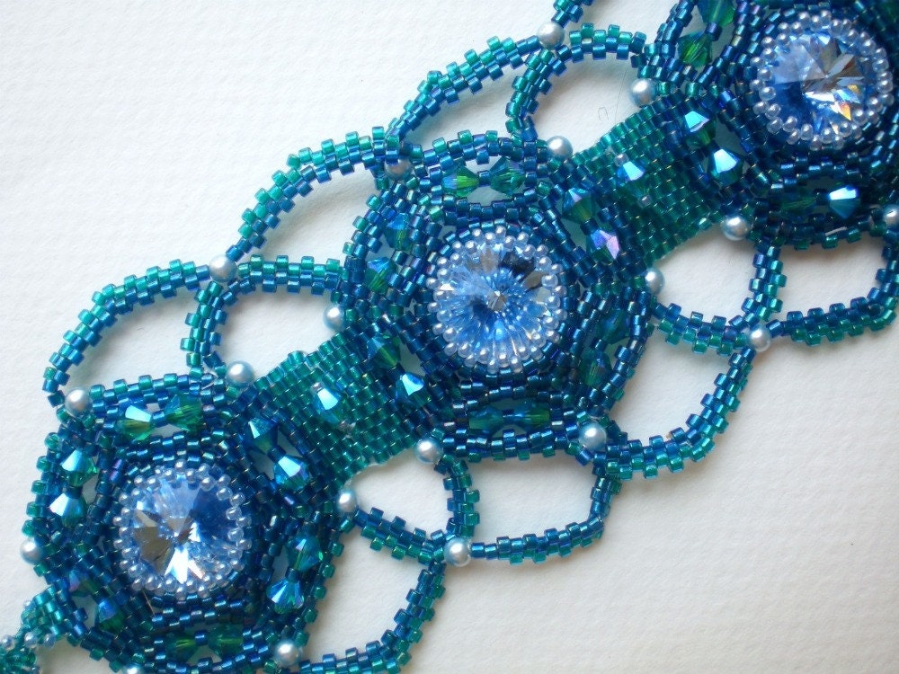 Rivoli Beadwoven Blue Cuff Unique Jewelry In the Deep