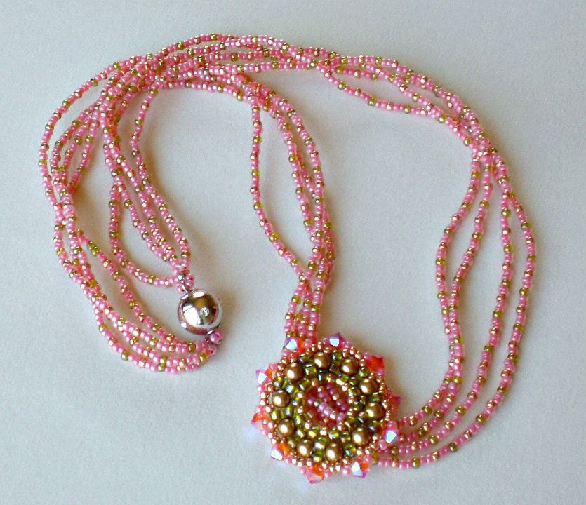 Crystal Beadwoven Necklace Pink  Coral Olive Green Unique Beaded Beadwork Beadweaving Jewelry  Peekaboo