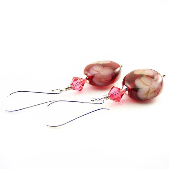 Raspberry Lampwork Glass Earrings, Handmade Sterling Silver Earrings, Beaded Dangle Earrings, Pink Poppies, Lampwork Bead Earrings