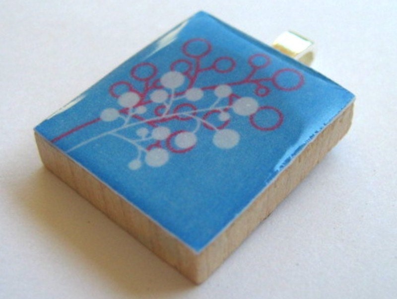 Scrabble Tile Pendant - Pink Mod Branch on Blue