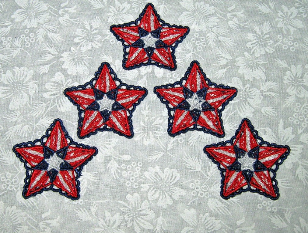 Five Small Patriotic Stars, Machine embroidered lace, red, white and blue