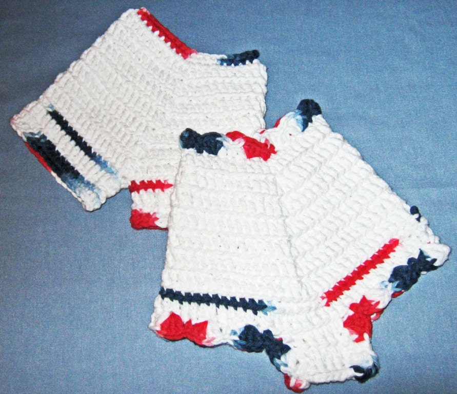 Pair of Pot holders, Panties and Shorts, crochet, red, white and blue
