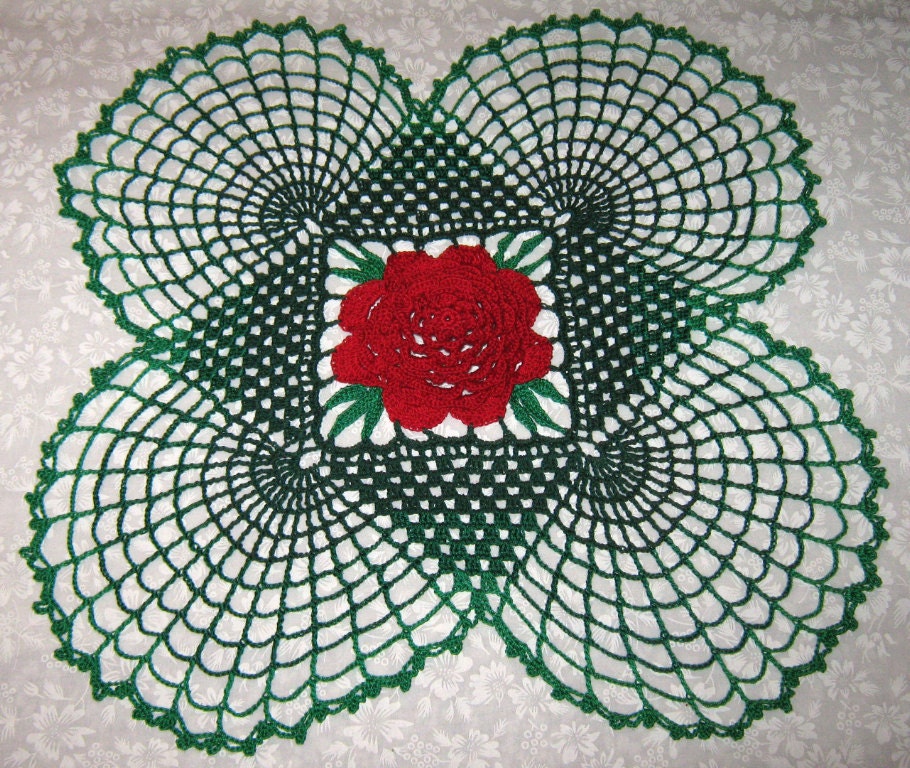 Crochet Doily or table topper w/flowers, 15" Rose Doily, surrounded by shades of Green