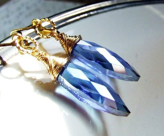 Vintage gold wire wrapped crystal earrings, light sapphire blue, long crystal, elegant, bridal gift, wedding jewelry, something blue - BeadinBabe