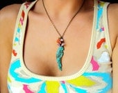 Verdigris teal parrot and czech glass flower necklace, tropical, long pendant, bright colorful jewelry, bird necklace
