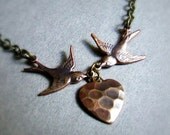 Antiqued brass sparrow and heart chain anklet, Love Birds, heart charm, simple chain, small charms