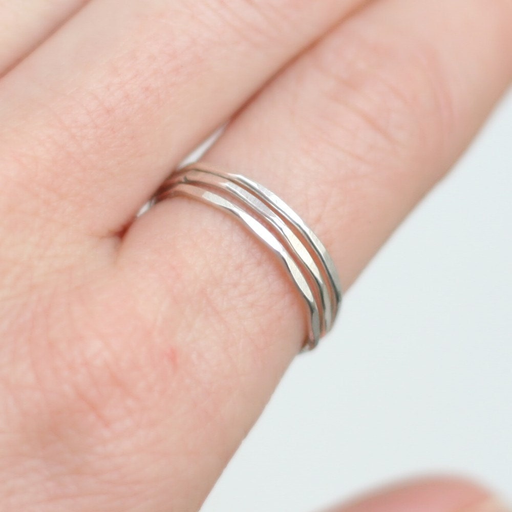 stacking ring.ONE ring. sterling silver. super skinny.slim plain band stackable ring. hammered and shiny. stack ring set.