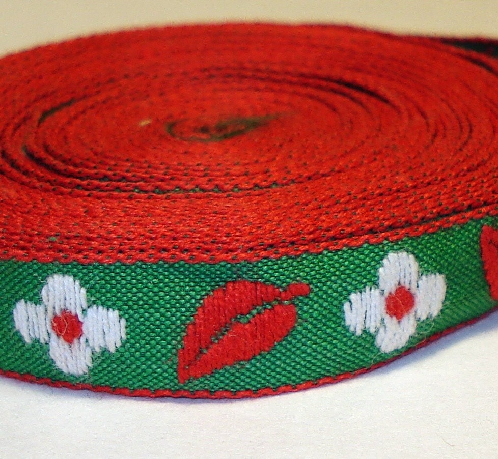 Vintage  Floral Cloth Ribbon, Red Green White  (153-10)