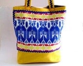 15% COUPON SALE, tribal, purse, book tote, shoulder bag, handmade fabric bag, vintage, woven, cotton, yellow, red, blue