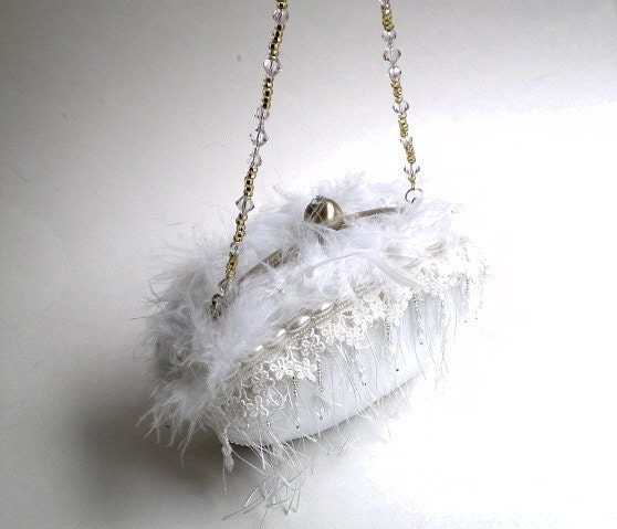 15% COUPON SALE, Luxury, couture, bridal clutch, purse, white, crystals, feathers, winter wedding, icy, beaded strap, White Swan