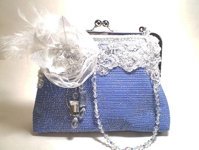 15% COUPON SALE, bridal clutch, purse, icy, blue, formal, couture, something blue, winter wedding, feathers, beaded strap