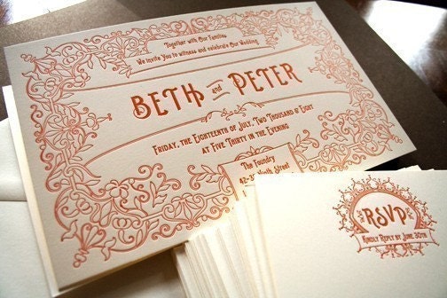 Vintage Postcard Wedding Invitation One Color Letterpress