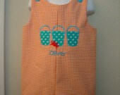 Custom made boutique appliqued monogrammed embroidered birthday crab beach a line dress jumper or jon jon shortalls