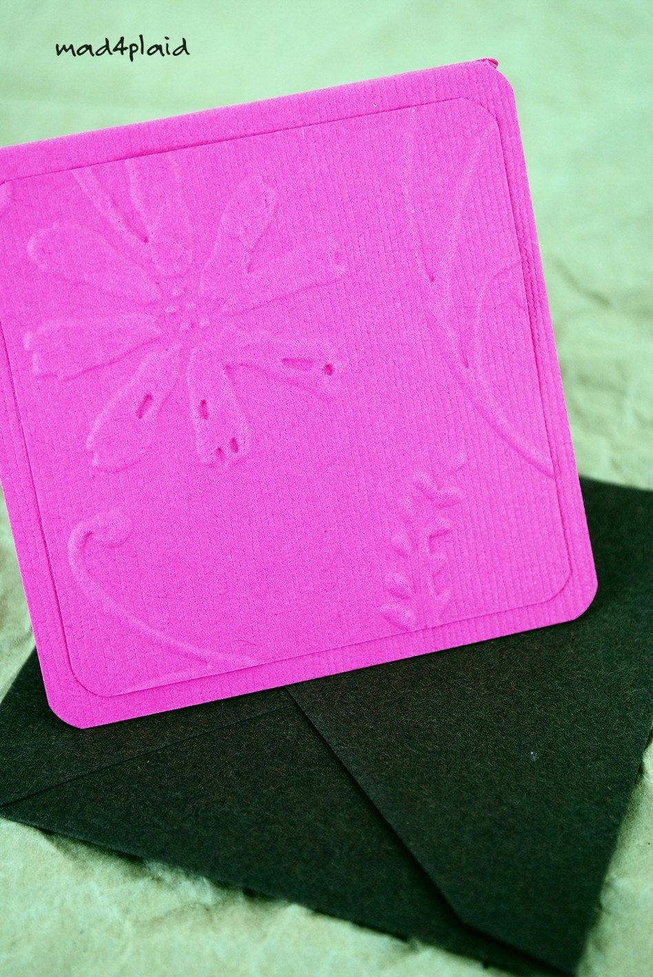 Blank Mini Card set of 10, Tone on Tone Embossed Floral, Coral Pink with Rich Chocolate Envelopes, Handmade Paper Goods by mad4plaid on Etsy