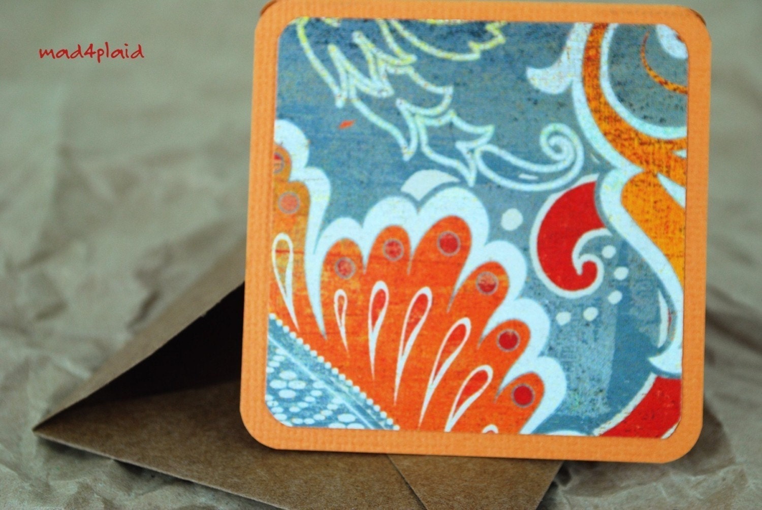 Blank Mini Card Set of 10, Vibrant Design on Orange with Natural Kraft Envelopes Handmade Paper Goods by mad4plaid on Etsy
