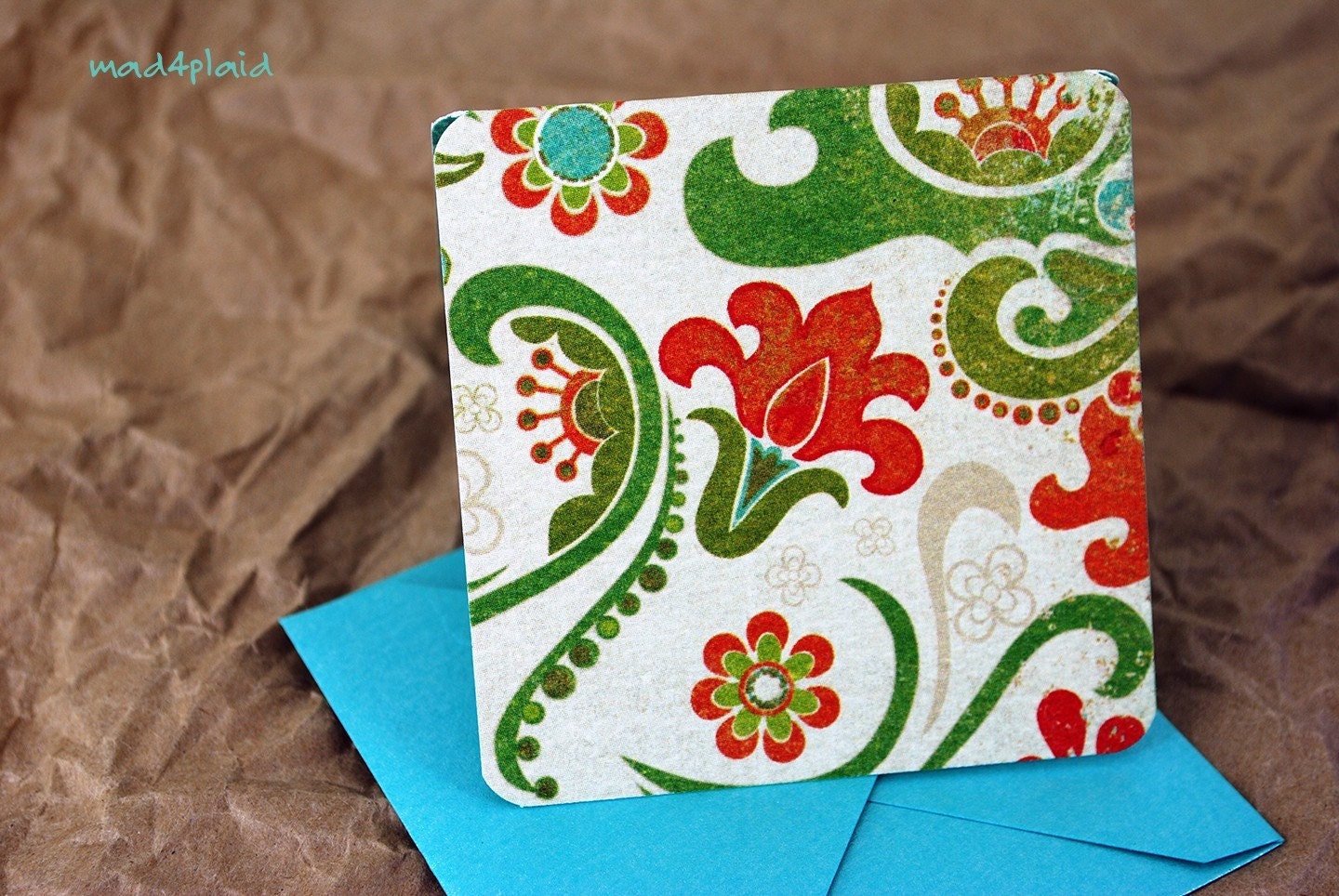 Blank Mini Set of 10 Cards, Watercolor Floral Design with Contrasting Pattern on the Inside with Metallic Aqua Envelopes, mad4plaid on Etsy
