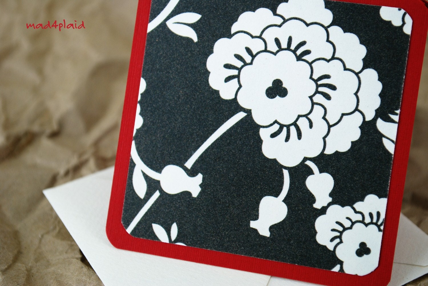 Blank Mini Card Set 0f 10, Black and White Floral on Bright Red with Soft Ivory Envelopes, Handmade Paper Goods by mad4plaid on Etsy