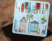 Blank Mini Card Set of 10, Beach Hut Design on Sea Salt Blue, Metallic Brown Envelopes, Handmade Paper Goods by mad4plaid on Etsy