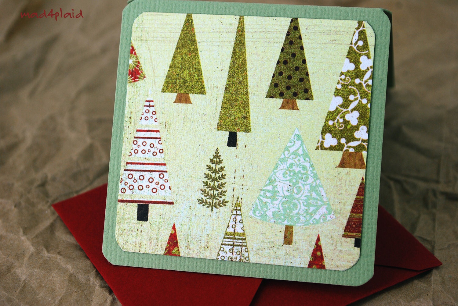 Blank Mini Holiday Set of 10 Cards, Tree Design on Pear with Bright Red Envelopes, mad4plaid on Etsy