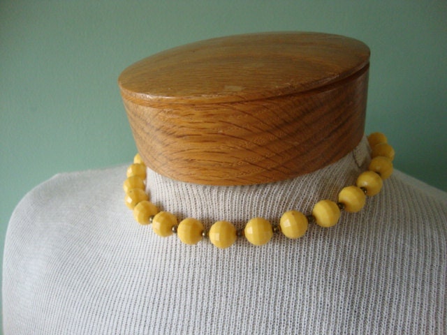 Vintage choker necklace, lemon yellow costume jewelry, gold chunky beads with gold spacers