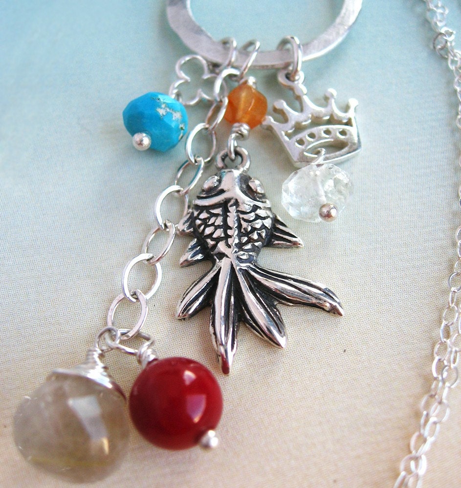 Ponyo 2-in-1 Necklace - aquamarine, carnelian, coral, rutilated quartz, turquoise, fine silver, sterling silver goldfish charm, Swarovski crystal (Miyazaki inspired)
