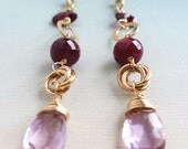 Rosaline Earrings - garnet, dyed ruby, pink amethyst, gold filled