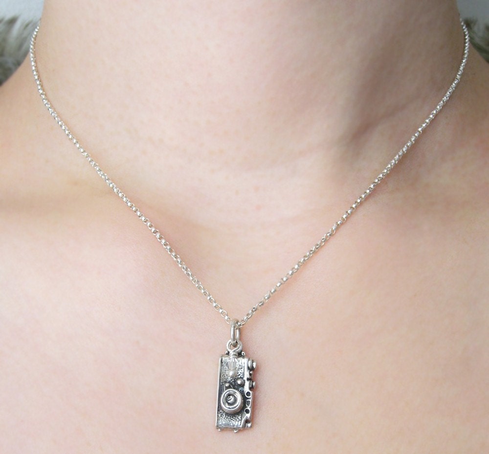 Annie Necklace - sterling silver camera charm, sterling silver chain, Swarovski crystals, glass