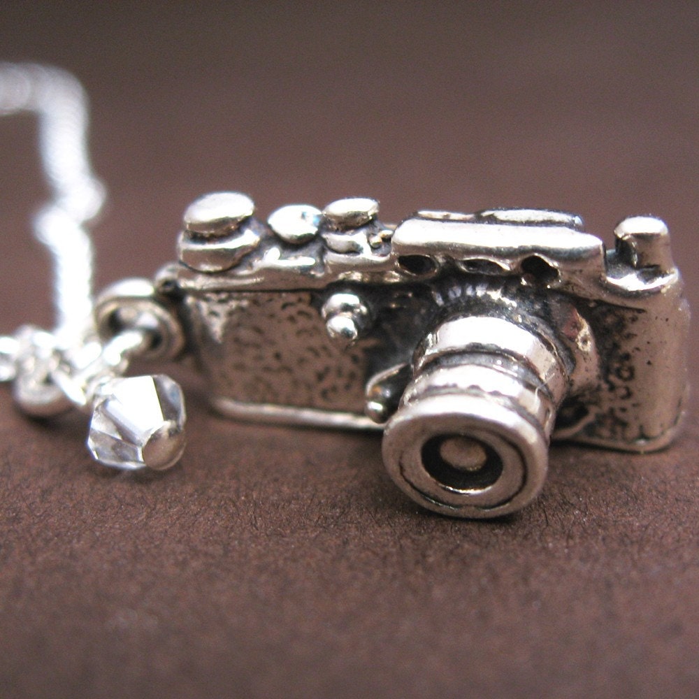 Annie Necklace - sterling silver camera charm, sterling silver chain, Swarovski crystals, glass