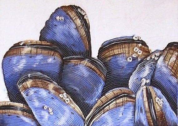 Seashell Textured Painting - Mussels II - Original Mixed Media String Work - Blue
