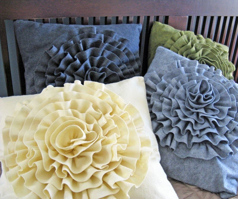 Wool Felt Rosette Pillow Cover - Finished - Your Choice of Color
