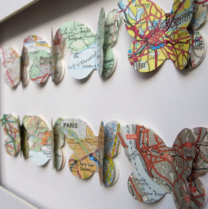 The Places we've Been  - 8 Butterflies -Customized Vintage Map Art