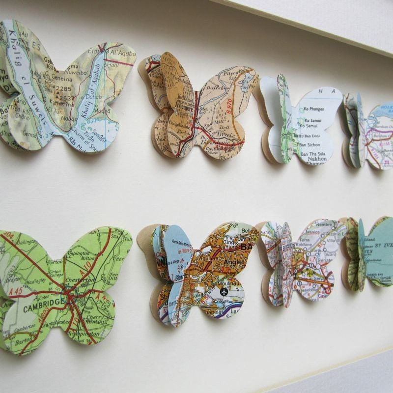 Places we've been - 8 Butterflies - Vintage Map Customised Art