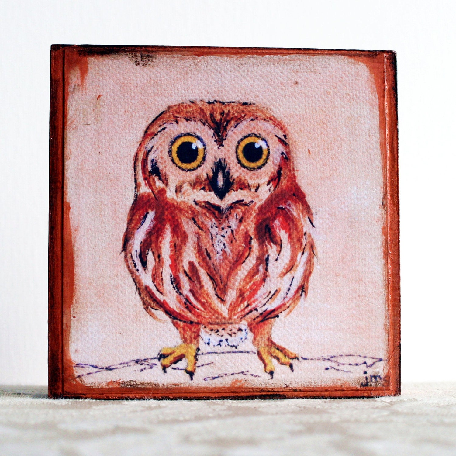 Owl Art Block Print on Salvaged Wood Rosette Woodland Creature