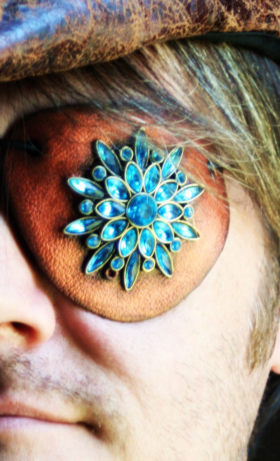 Leather Jeweled Eyepatch OOAK- Hand Painted Leather Patch With Found Jewelry Piece