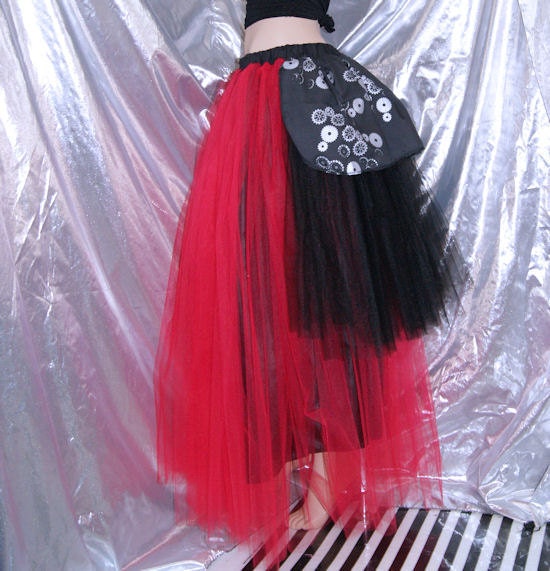 Black Red Formal Long SteamPunk Gear Bustle Tulle Skirt adult small MTCoffinz --- ready to ship
