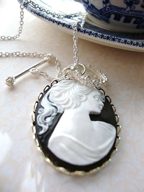 Victorian Black Toggle  Cameo  Necklace- Womens