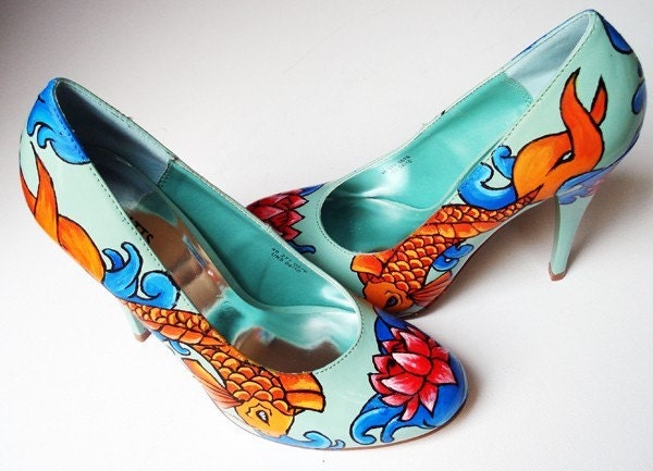 Hand painted Heels - concealed platform court shoes- Killer Koi Heels: Limited Edition - Kezbirdie