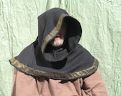Black Medieval Hood / Liripipe Hood w Gold and Black Metallic Trim Around Face and Bottom Hem