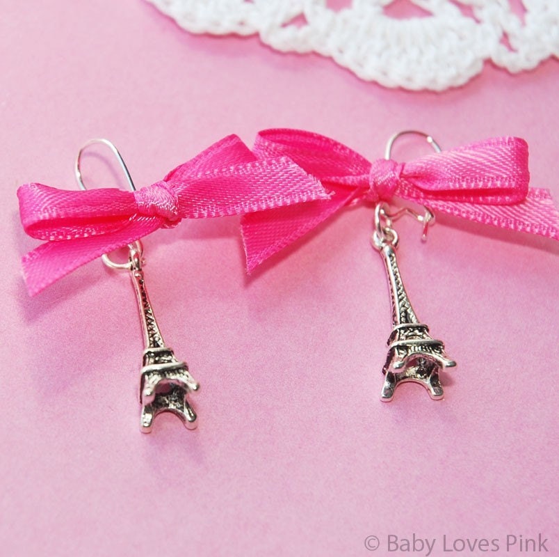 J'Adore Paris - Pink Ribbon ( silver Eiffel Tower earrings )