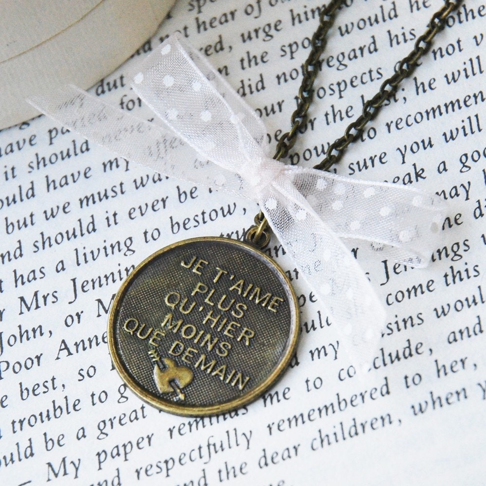 I love you more than yesterday ( French Love Poem ) Bronze Necklace