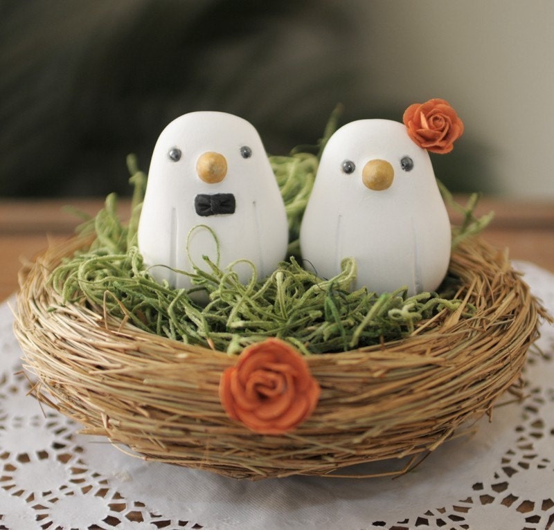 Custom Wedding Cake Topper - Small Hand Painted Love Birds with Nest