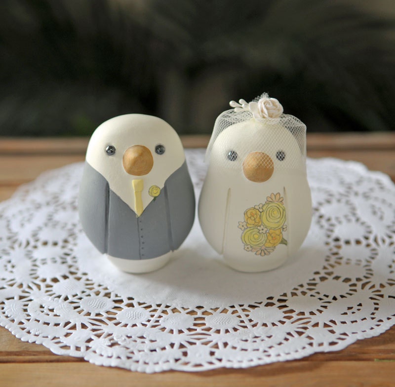 Custom Wedding Cake Topper - Medium Hand Painted Love Birds with Painted Bouquet