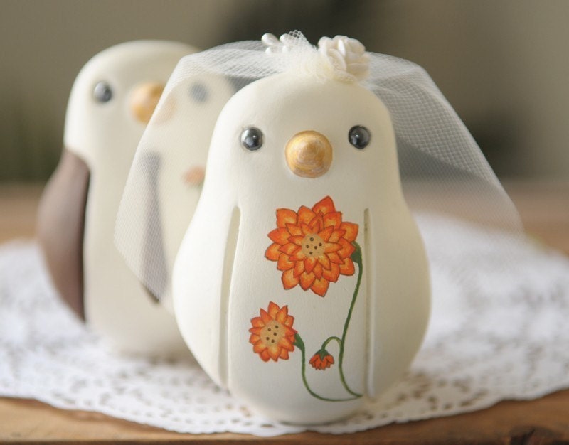 Custom Wedding Cake Topper - Large Hand Painted Love Birds with Painted Bouquet