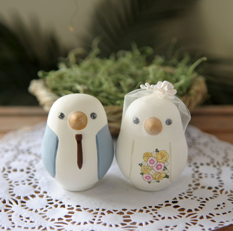 Custom Wedding Cake Topper - Medium Hand Painted Love Birds with Painted Bouquet