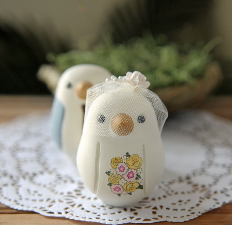 Custom Wedding Cake Topper - Medium Hand Painted Love Birds with Painted Bouquet