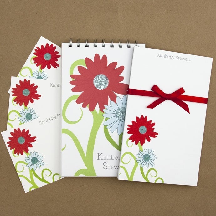 Stationery Set with Notepad, Cards and Journal - Curvy Flower Design