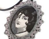 Vintage Lady Cameo Fabric Pendant, Miniature Painting, Ooak, Wearable Art Jewelry