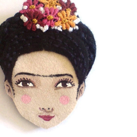 Felt brooch - Frida Kahlo, black, burgundy, magenta, pumpkin, woman face