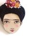 Felt brooch - Frida Kahlo, black, burgundy, magenta, pumpkin, woman face